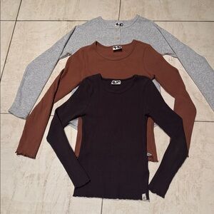 3 Kids Long Sleeve Tees for girls - Heather Gray, Mustard Brown, Charcoal Gray